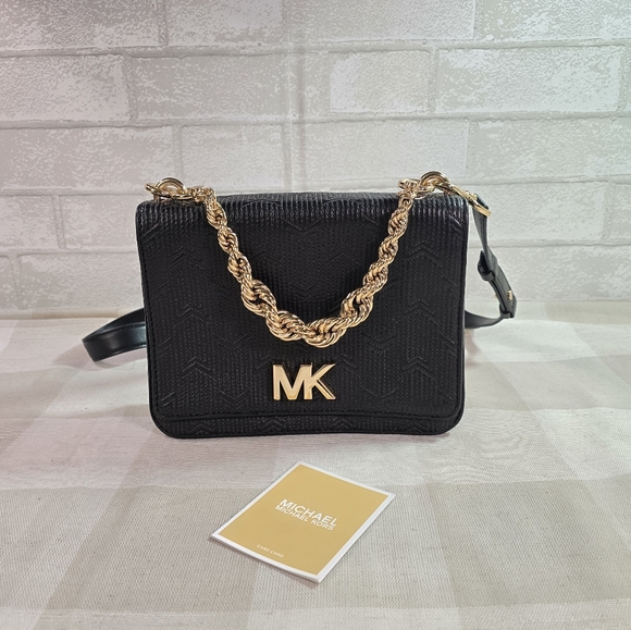Michael Kors Black Jet Set Monogram Shoulder Bag Purse Crossbody Gold Chain NWOT - Picture 1 of 8